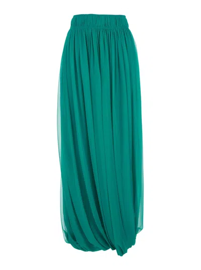 Alberta Ferretti Green Long Pleated Skirt With Elastic Waist In Silk Woman