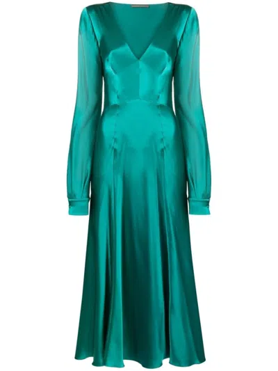 Alberta Ferretti V-neck Maxi Dress In Green Silk In Blue