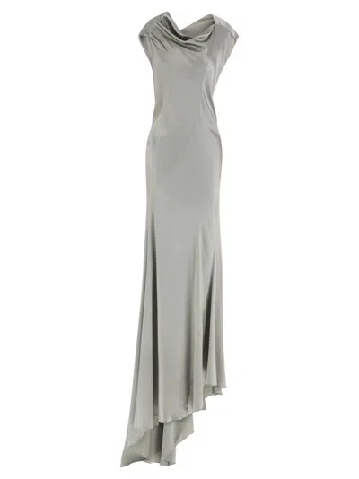 Alberta Ferretti Draped Satin Dress Asymmetric Neckline In Gray