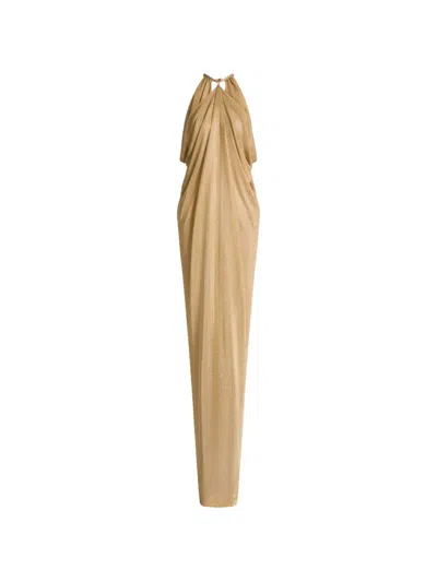 Alberta Ferretti Halterneck Draped Maxi Dress In Brown