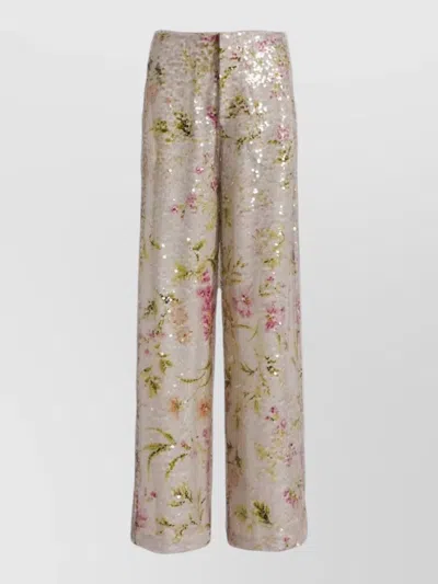 Alberta Ferretti High Waist Wide Leg Sequin Floral Trousers In Neutral