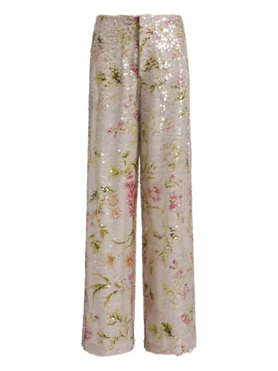 Alberta Ferretti High-waisted Wide-leg Pants With Floral Sequin Embellishments In Multi