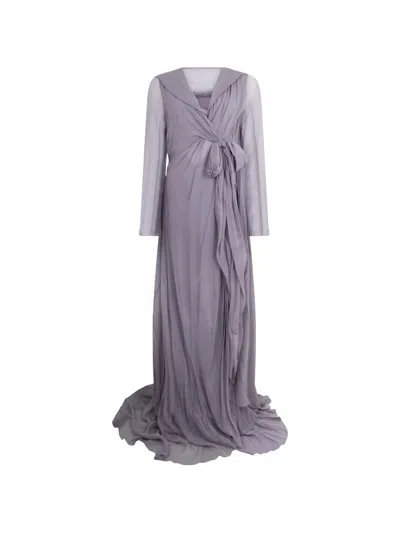 Alberta Ferretti Hooded Silk Maxi Dress In Gray
