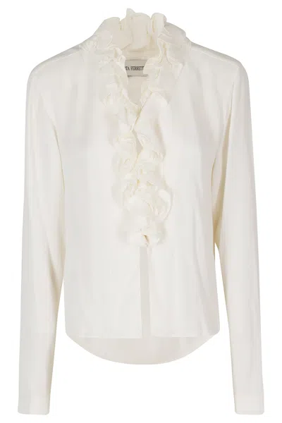 Alberta Ferretti Ivory Georgette Lace Trimmed Ruffled V-neck Viscose Blouse In White