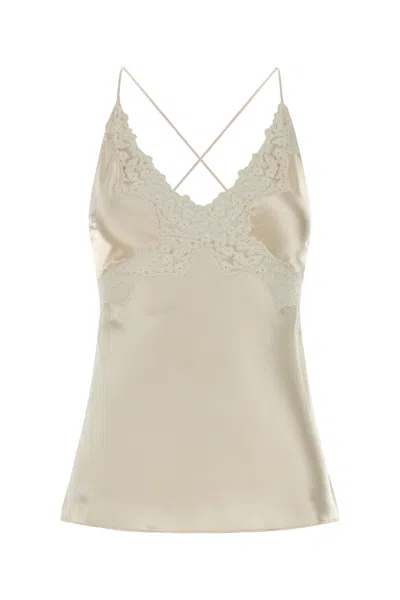 Alberta Ferretti Satin Top Lace Trim Spaghetti Straps In White