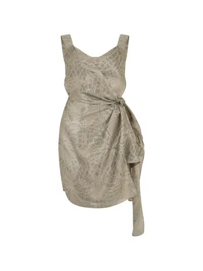 Alberta Ferretti Jacquard-effect Knotted-waist Party Dress In Brown