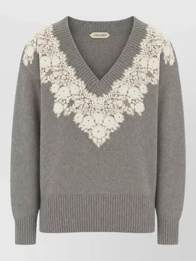 Alberta Ferretti Knit Top V Neck Long Sleeves Lace In Gray