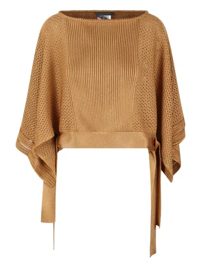 Alberta Ferretti Flowing Cropped Knitted Poncho With Ribbed In Brown