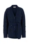 Alberta Ferretti V-neck Cashmere And Silk Blend Cardigan With Crystal Embroidery In Blue