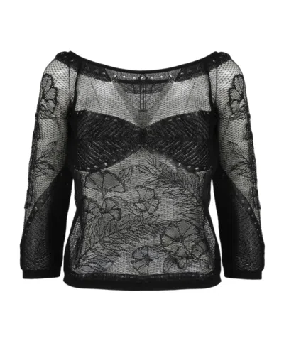 Alberta Ferretti Lace Detailed Semi-sheer Top In Black