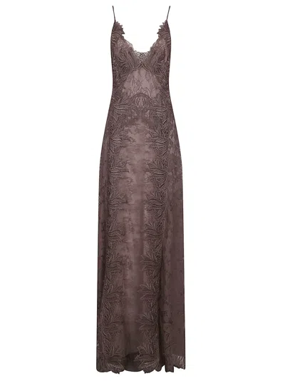Alberta Ferretti Cotton Blend Lace Long Dress In Gray