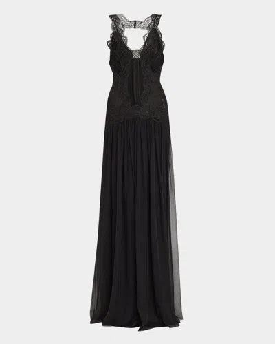 Alberta Ferretti Lace Drop-waist Organic Chiffon Backless Gown In Black
