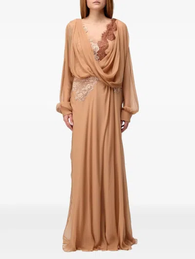 Alberta Ferretti Lace-insert Draped Maxi Dress In Neutral