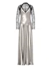 Alberta Ferretti Backless Satin Long Sleeve Floor-length Dress In Silver