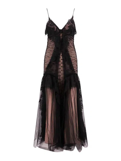 Alberta Ferretti Lace Long Dress With Silk Blend Petticoat In Black