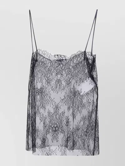 Alberta Ferretti Lace Overlay Sheer Spaghetti Straps Top In Black