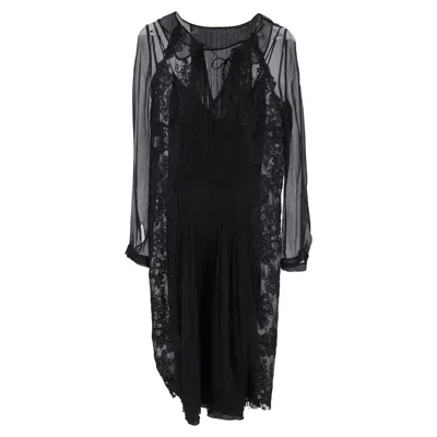 Alberta Ferretti Lace Pleated Midi Dress In Black Silk
