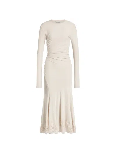Alberta Ferretti Gathered Midi Dress With Lace Trim In Neutral