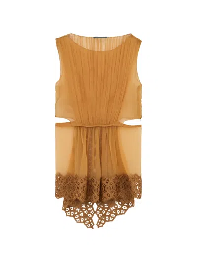 Alberta Ferretti Lace-hem Pleated Blouse In Gold