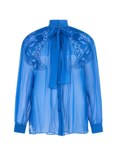 Alberta Ferretti Lace-panel Bow Blouse In Blue