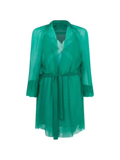 Alberta Ferretti Lace-trim Belted Mini Dress In Green