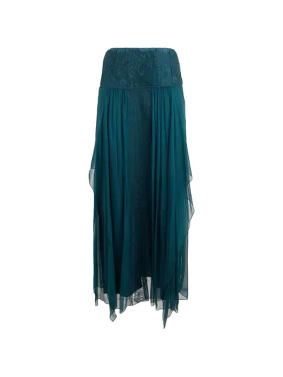 Alberta Ferretti Lace-trim Fringed Maxi Skirt In Blue