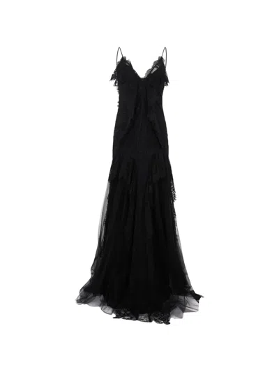 Alberta Ferretti Lace-trim Layered V-neck Flared Maxi Dress In Black
