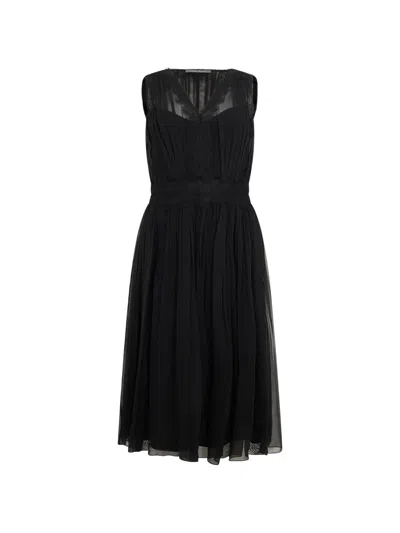 Alberta Ferretti Lace-trim Pleated Midi Dress In Black