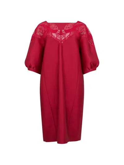 Alberta Ferretti Lace-trim Puff-sleeve Midi Dress In Red