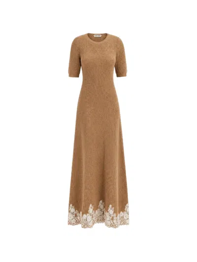 Alberta Ferretti Lace-trim Ribbed-knit Midi Dress In Brown