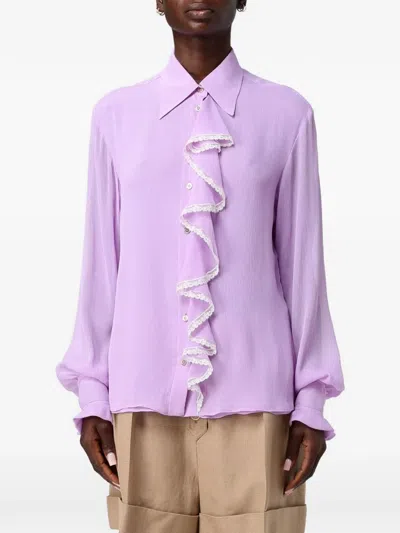 Alberta Ferretti Lace-trim Ruffled Shirt In Purple