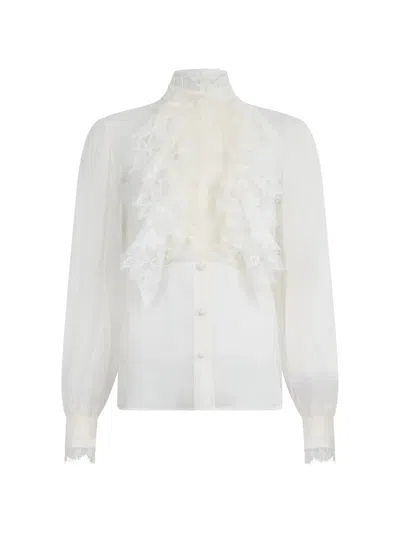 Alberta Ferretti Lace-trim Ruffled Shirt In White