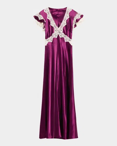 Alberta Ferretti Lace-trim Ruffle-sleeve Satin Maxi Dress In Purple