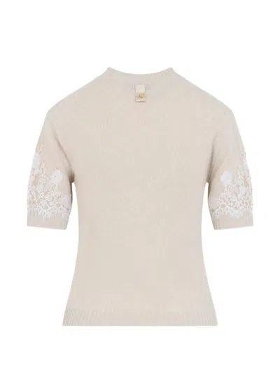 Alberta Ferretti Knit T Shirt Slim Silhouette Lace Sleeves In White