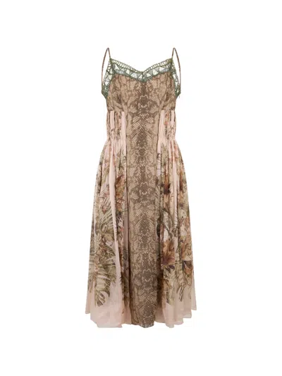 Alberta Ferretti Lace-trim Snake-print Midi Dress In Brown