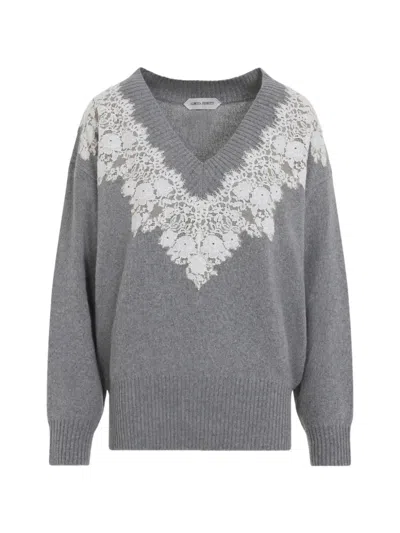 Alberta Ferretti V Neck Sweater Lace Ribbed Cuffs Hem In Gray