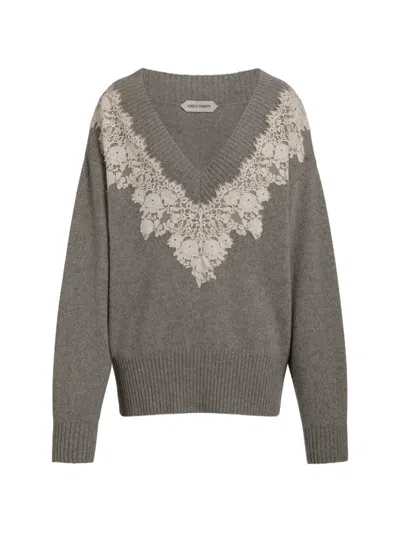 Alberta Ferretti Cashmere V-neck Sweater With Lace Insert In Gray