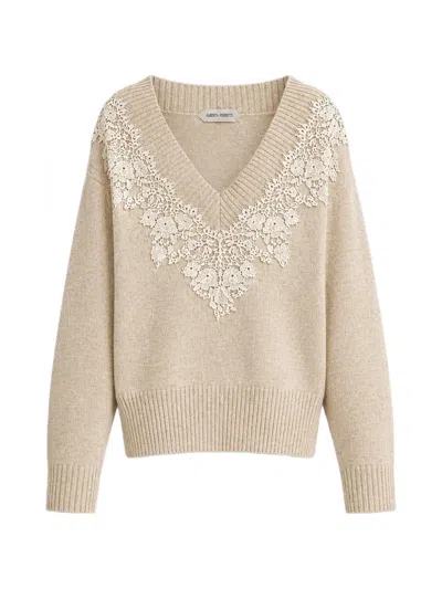 Alberta Ferretti Lace-trim V-neck Sweater In Neutral