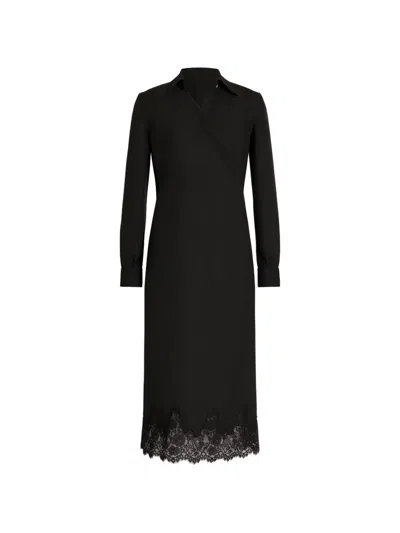 Alberta Ferretti Crepe Midi Dress With Collar And Lace Trim In Black