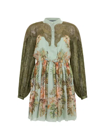Alberta Ferretti Lace-trimmed Floral-print Mini Dress In Green