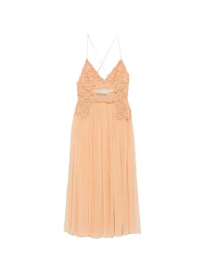 Alberta Ferretti Lace-trimmed Pleated Midi Dress In Orange