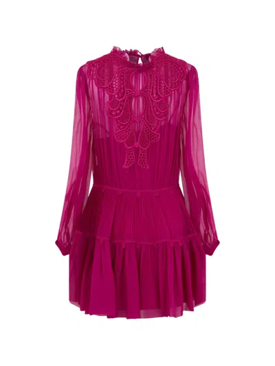 Alberta Ferretti Lace-trimmed Pleated Mini Dress In Pink