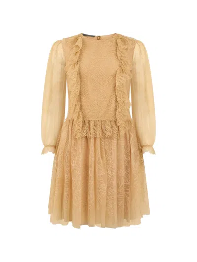 Alberta Ferretti Lace-trimmed Ruffled Mini Dress In Brown