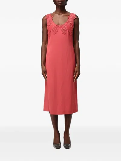 Alberta Ferretti Lace-trimmed Sleeveless Midi Dress In Red