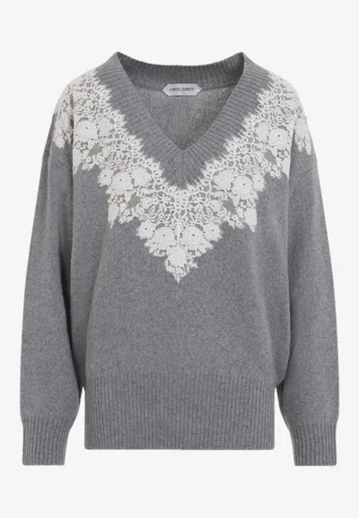 Alberta Ferretti Lace-trimmed V-neck Sweater In Gray