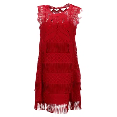 Alberta Ferretti Land And Fringe Detail Mini Dress In Red Acetate