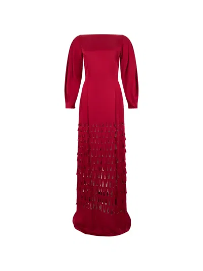 Alberta Ferretti Laser-cut Long-sleeved Flared Maxi Dress In Red