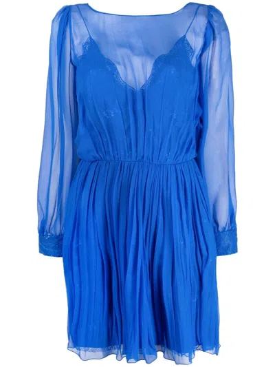 Alberta Ferretti Pleated Silk Mini Dress In Blue