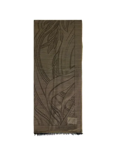 Alberta Ferretti Leaf-pattern Frayed-edge Scarf In Brown