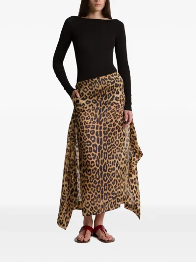 Alberta Ferretti Leopard Print Slit Skirt In Brown